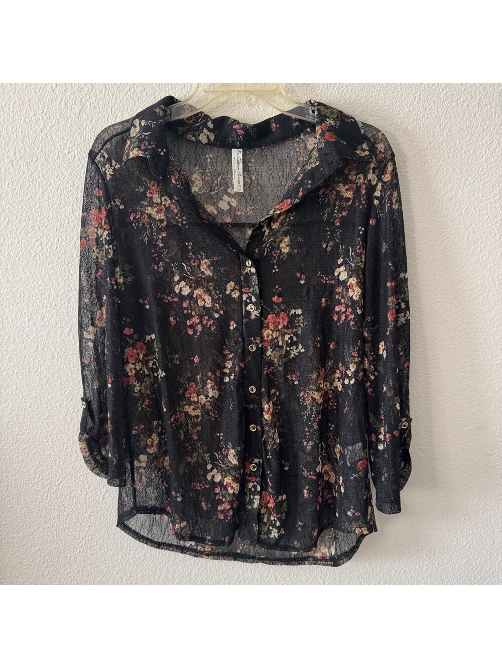 Romantic Black Sheer Floral Button Up Blouse Size XL Whimsigoth Witchy Edgy